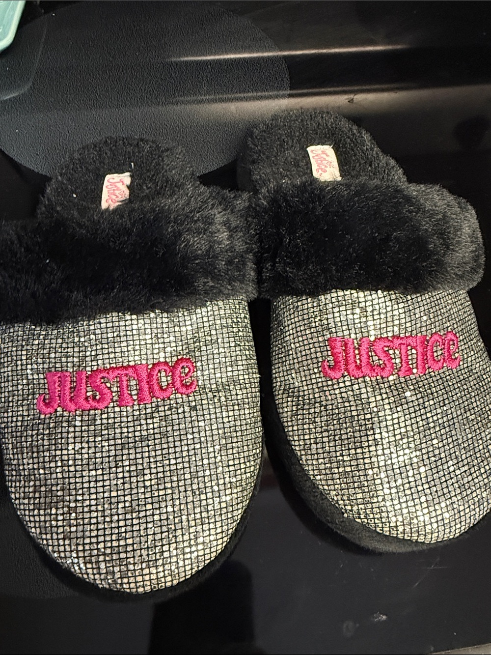 Justice Silver Glitter Slippers with Pink Logo